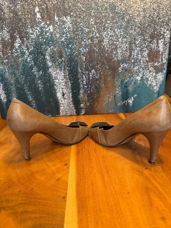 Yves Saint Laurent Vintage 90s Quiet Luxury Leather Peep Toe Heels Taupe/Tan - Picture 7 of 17